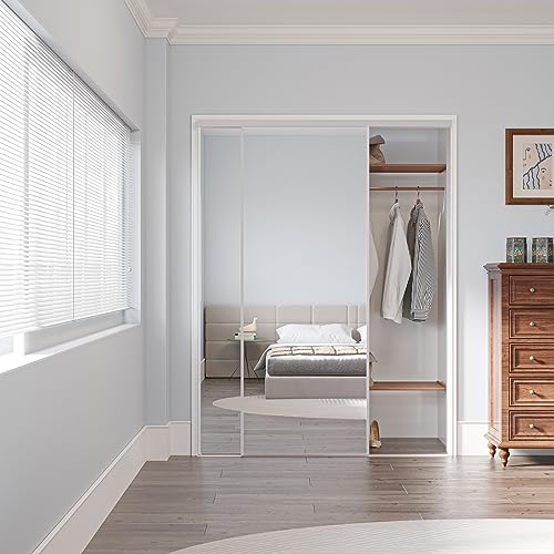 Mirrored Sliding Closet Doors 60" x 80"(Double 30.4" x 80") Aluminum Frame Interior Door with Hardware Kit & Guide