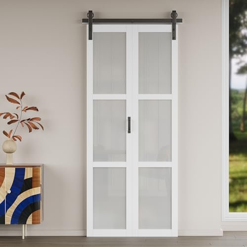 Paintable Bifold Barn Door with 3 Lite Frosted Tempered Glass